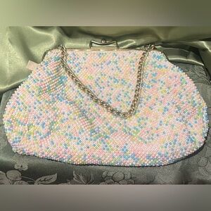 Pastel Beaded Reversible Clutch with Chain Strap